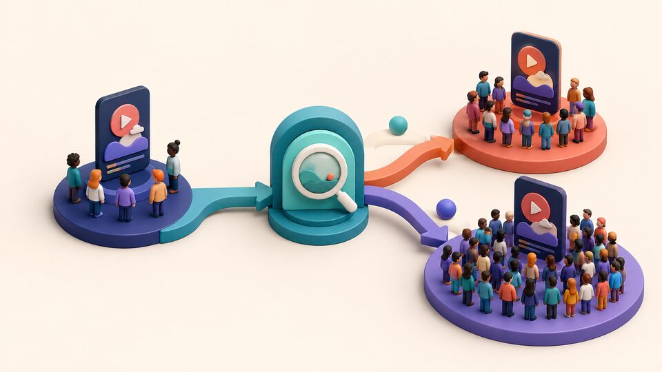 A short video moving from a small test audience through evaluation toward different-sized audience groups
