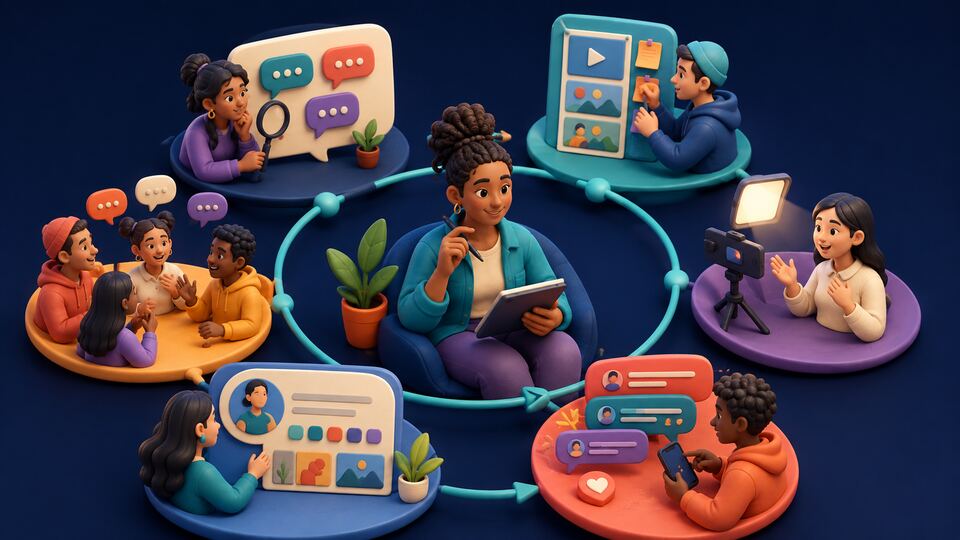Creator repeating a no-cost loop of audience research, planning, recording, profile improvement and community response