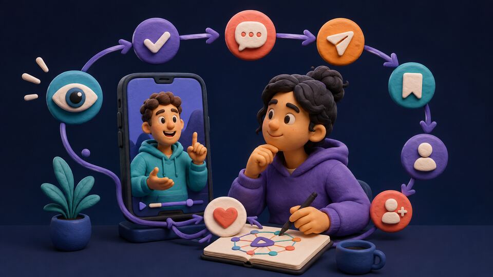 Creator planning a loop from viewer attention to comments, shares, saves, profile visits, follows and creator response