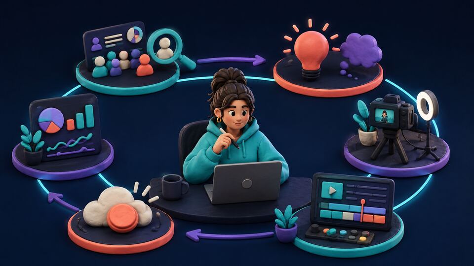 Creator using a repeatable cycle of audience research, focused ideas, recording, editing, publishing and analytics review