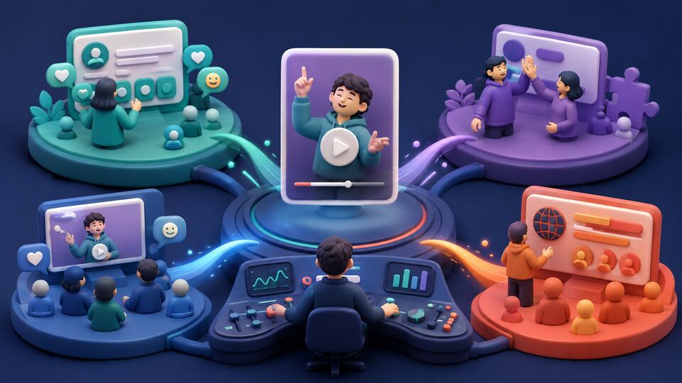 Prepared short video connected to organic, collaboration, community exposure and paid promotion paths with monitoring controls