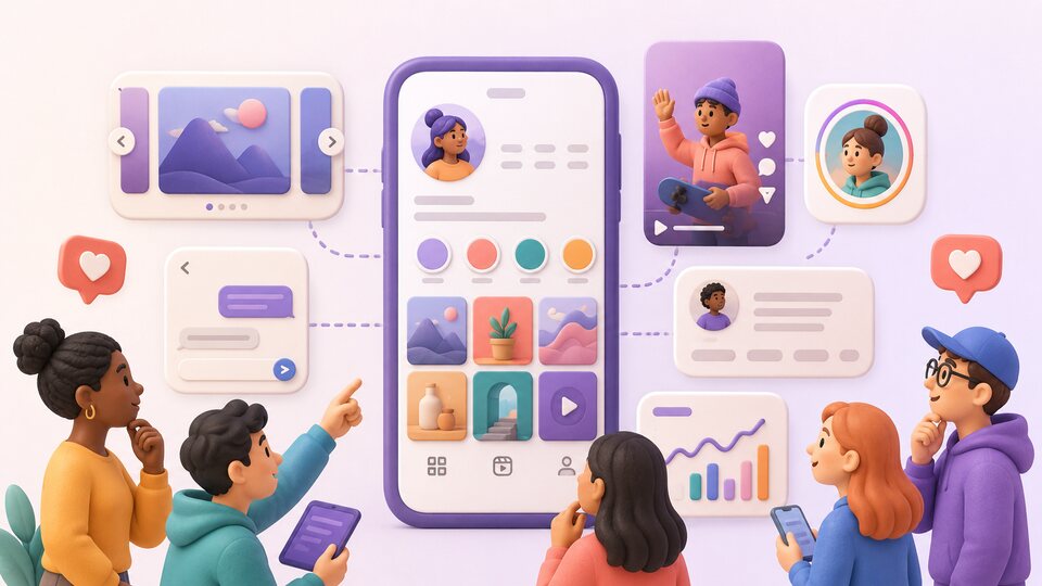 Generic visual social profile connected to photo, short video, story, message and analytics formats with a diverse audience
