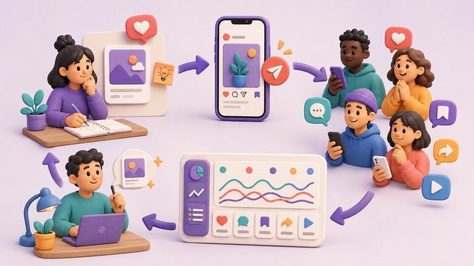 Creator planning a post, publishing it, observing varied audience signals and using measured results to improve the next post