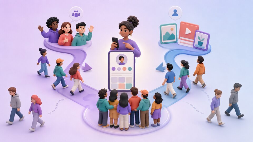 Community exposure and content discovery paths leading to a social profile with some retained followers and some departing visitors