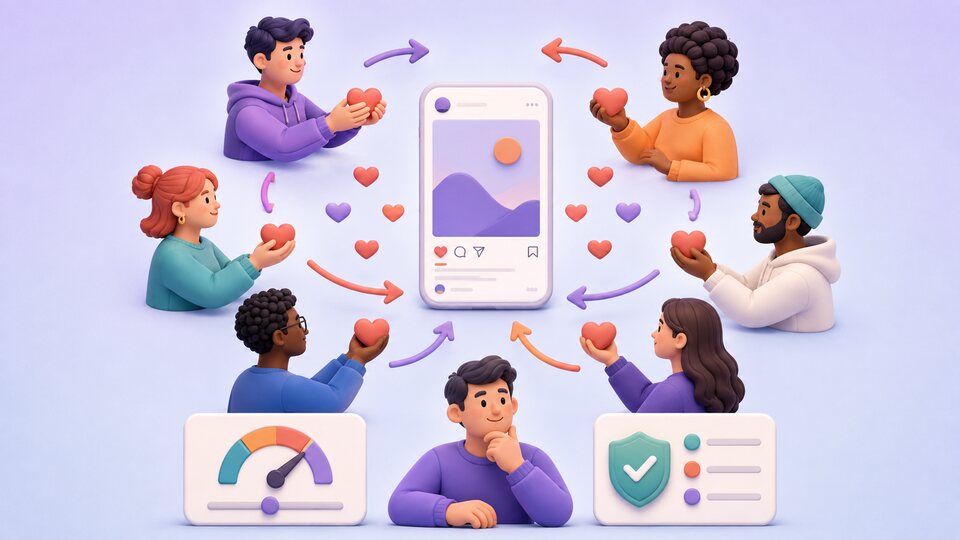 Real community members contributing individual likes around a public social media post while a creator controls pacing