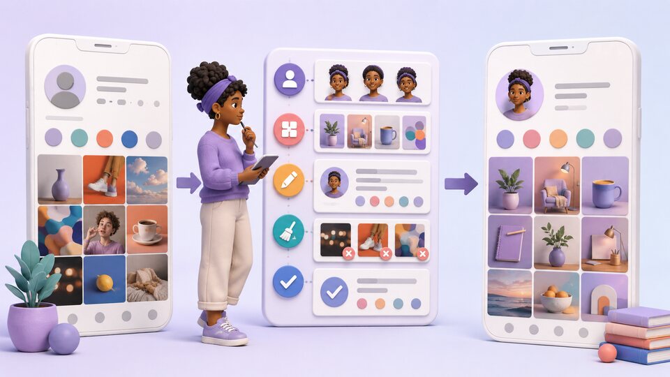 Creator auditing an inconsistent social profile and organizing it into a clear coherent profile