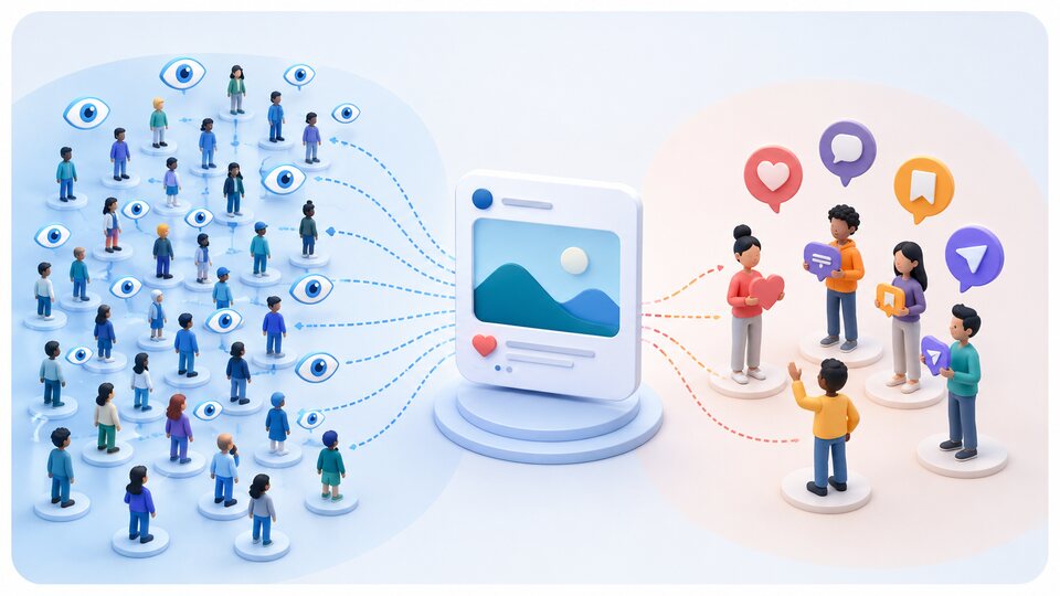 Wide audience exposure compared with a smaller group actively responding to content