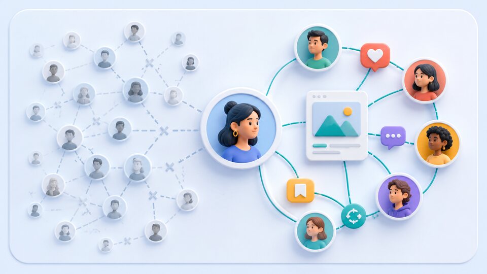 Large disconnected follower network compared with a smaller relevant community connected to a creator and content