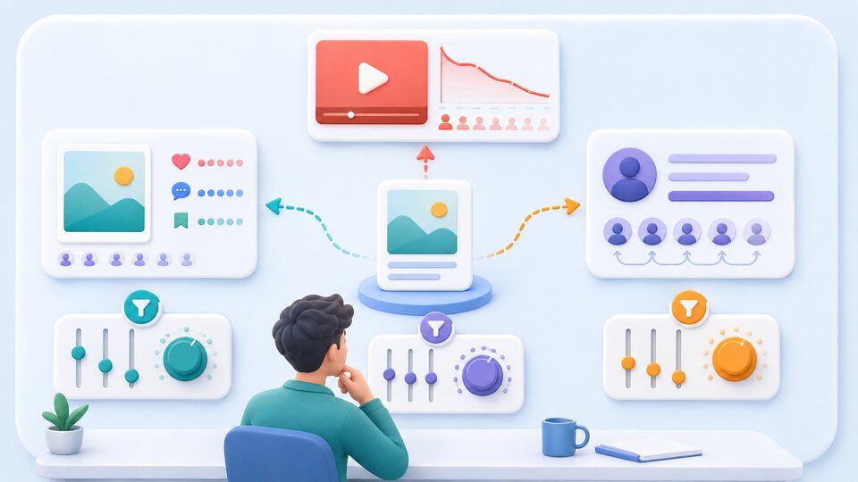 One content item branching into different generic platform formats with different audience and measurement patterns