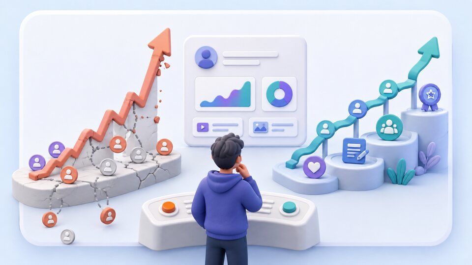 Sharp unsupported audience spike compared with a paced growth path supported by content, community, and retention