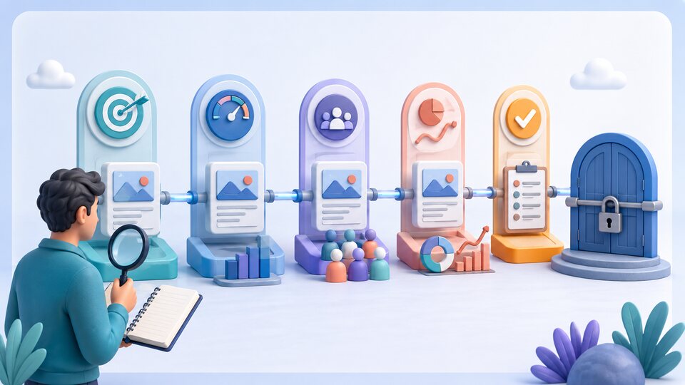 Creator reviewing a content test through objective, baseline, sample audience, response analysis, and decision stages before scaling