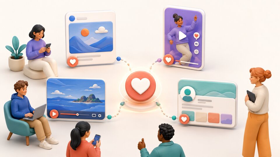 Different post, video, short-form and profile formats connected to one like signal