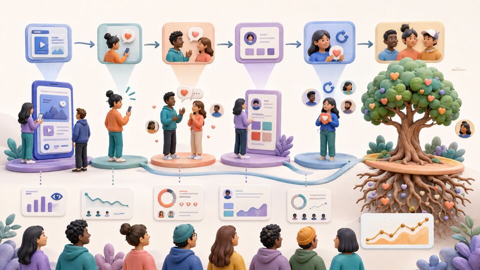 Audience journey from content exposure through engagement and profile discovery to retained long-term community growth