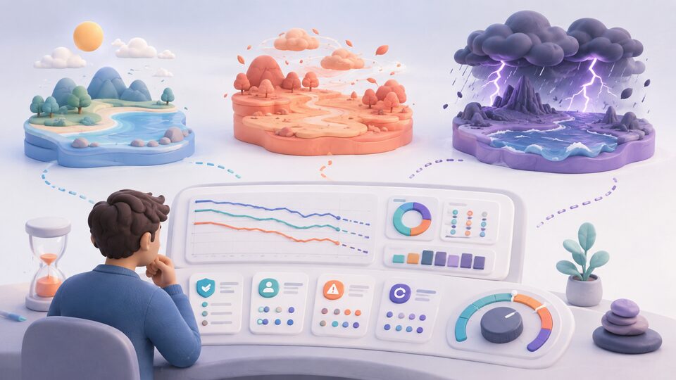 Creator comparing stable, dynamic and algorithm-sensitive platform conditions on a risk dashboard