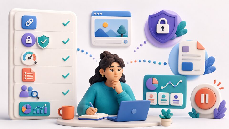 Creator reviewing a safety checklist for public URLs, protected credentials, pacing and monitoring