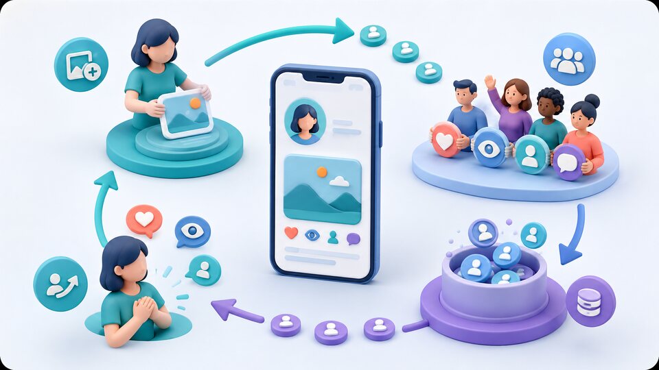 Creator adds public content, community members participate, credits organize activity, and engagement returns to a campaign